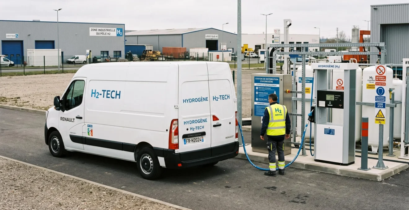 Renault Master Van utilitaire équipé technologie H2-TECH en ravitaillement hydrogène à station professionnelle française, opérateur en gilet jaune supervise, signalétique H2 réglementaire en français visible